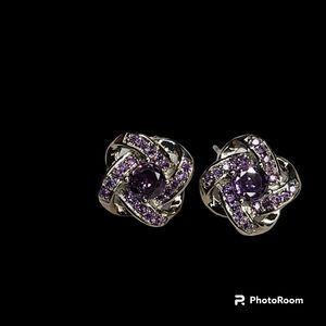925 Silver Plated Amethyst Purple Crystal and Zircon Flower Stud Earrings NWT